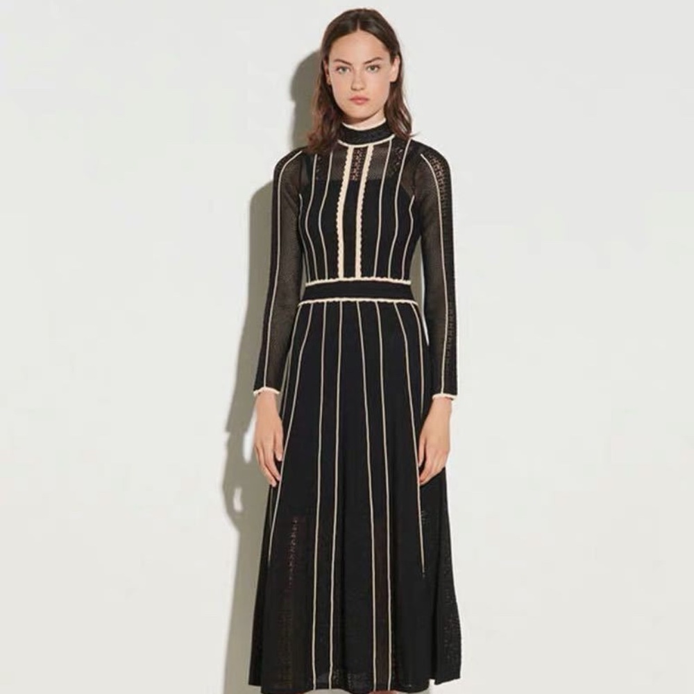 Long knit black and cream dress long sleeve high neck